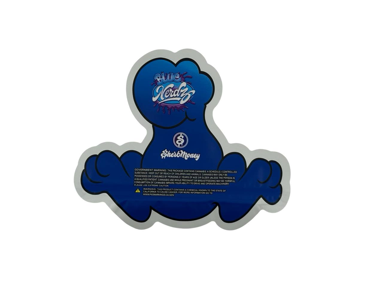 Blue Nerdz 3.5g mylar bag back design — SherbMoney branding with California government warning and Prop 65