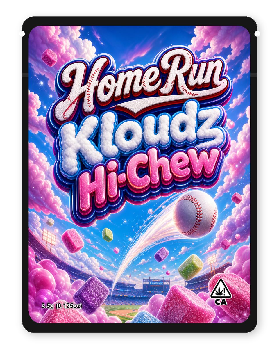 HomeRun Kloudz Hi-Chew custom 4"x5" mylar bag design (front)