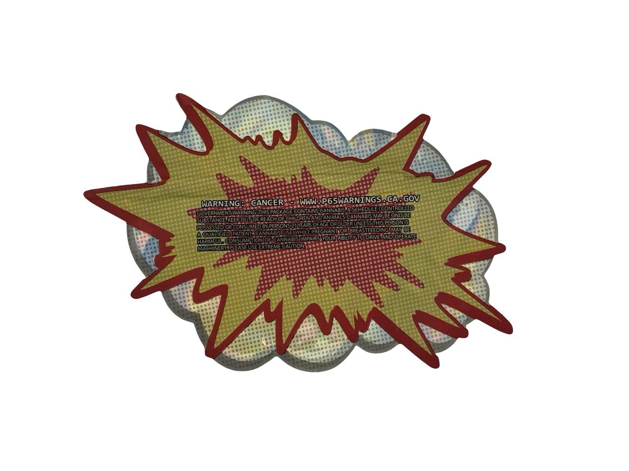 Whoa 3.5g mylar bag back design — California government cannabis warning and Prop 65 disclosure on holographic starburst