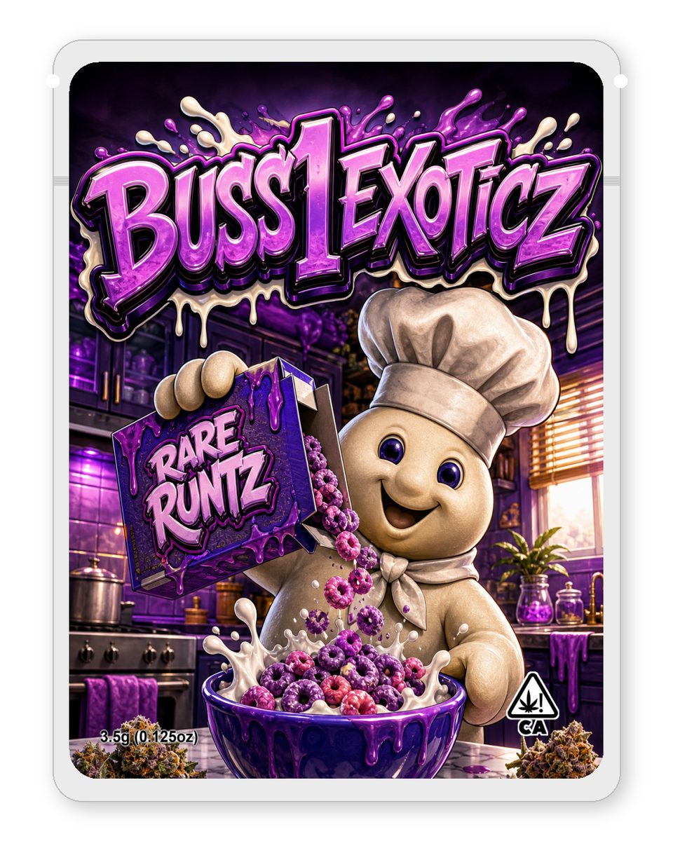 BUSS1EXOTICZ custom 4"x5" mylar bag design (front)