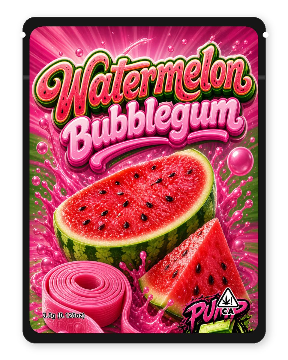 Watermelon bubblegum custom 4"x5" mylar bag design (front)