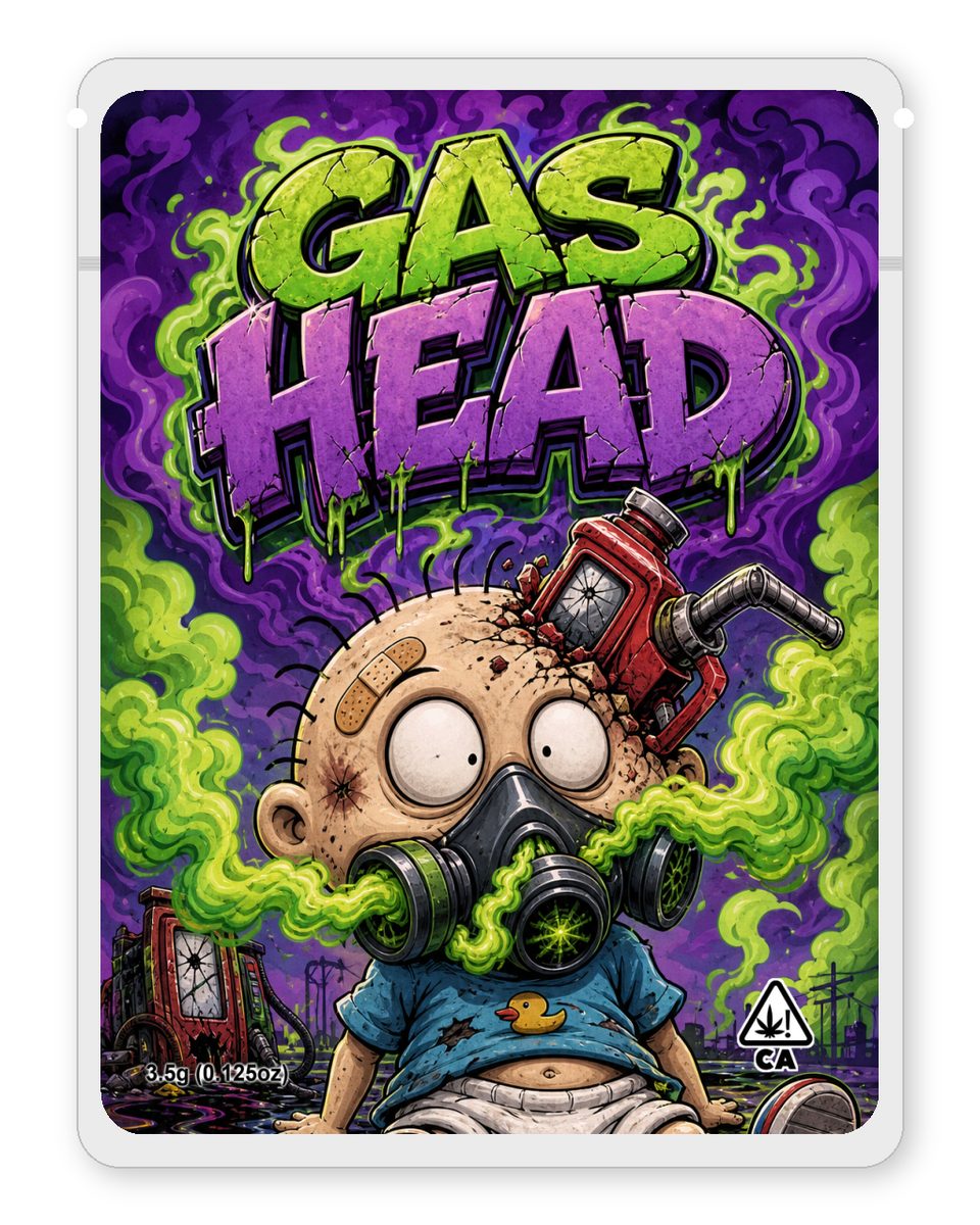 Gas Head custom 4"x5" mylar bag design (front)