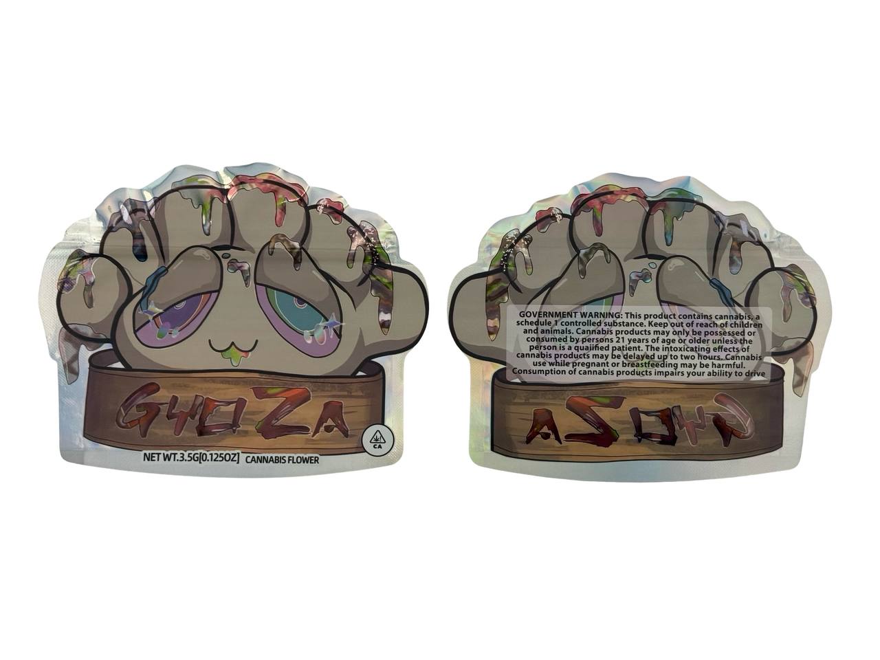 Gyoza 3.5g mylar bags die-cut monster paw with holographic foil and spot UV gloss, front and back views — Joke's Up cannabis packaging