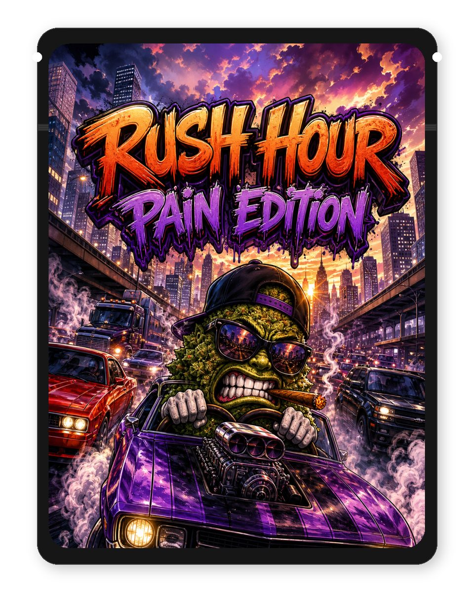 Rush Hour Pain Edition custom 4"x5" mylar bag design (front)
