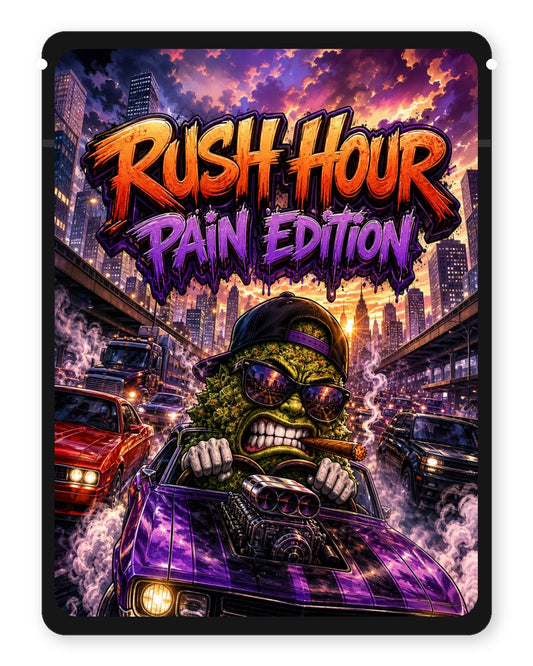 Rush Hour Pain Edition custom 4"x5" mylar bag design (front)