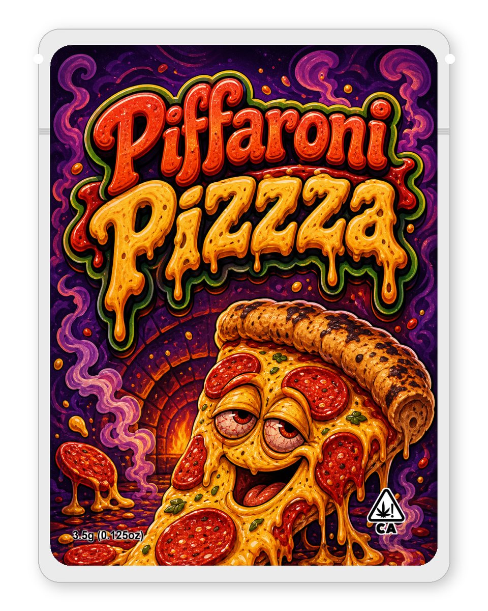 Piffaroni Pizzza custom 4"x5" mylar bag design (front)