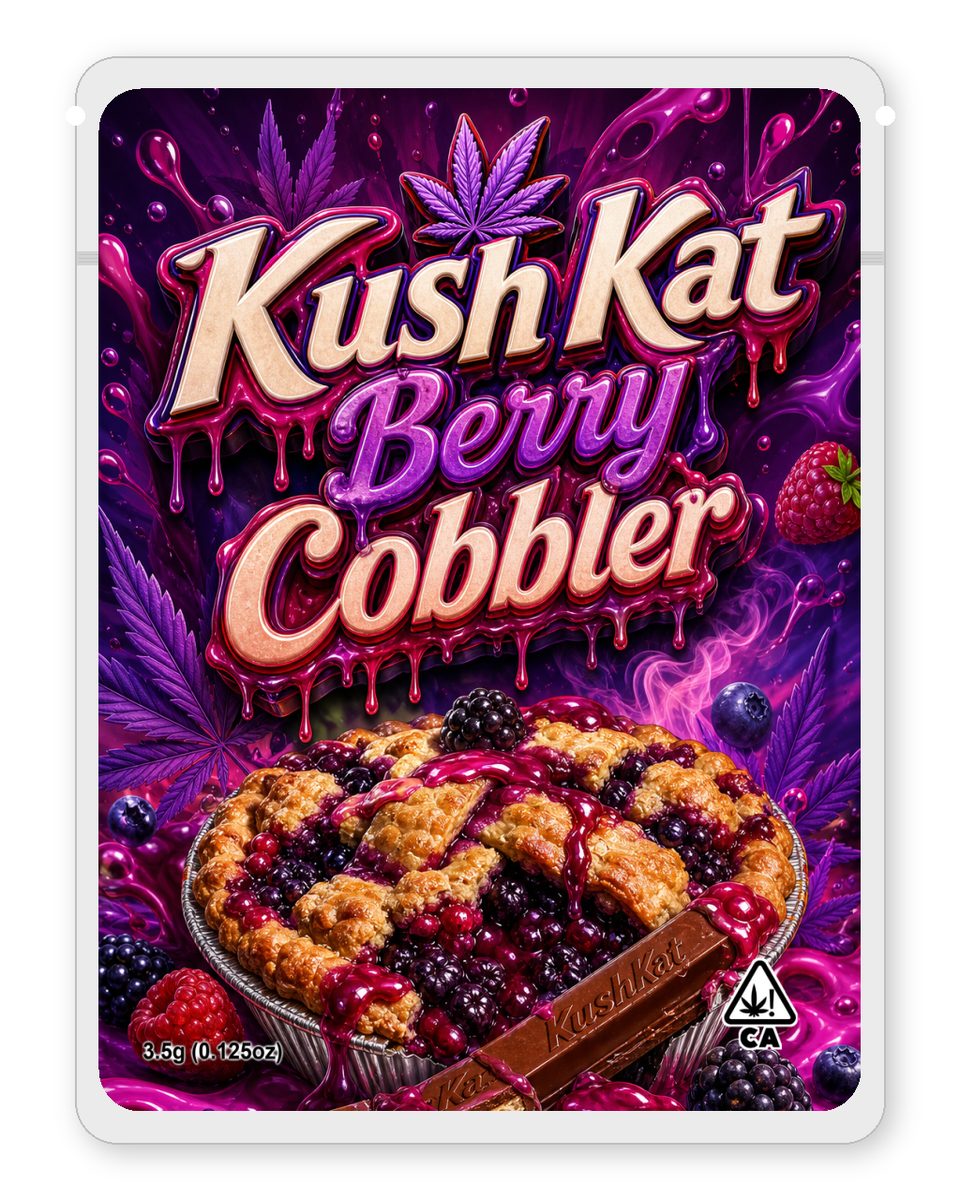 Kush Kat Berry Cobbler custom 4"x5" mylar bag design (front)