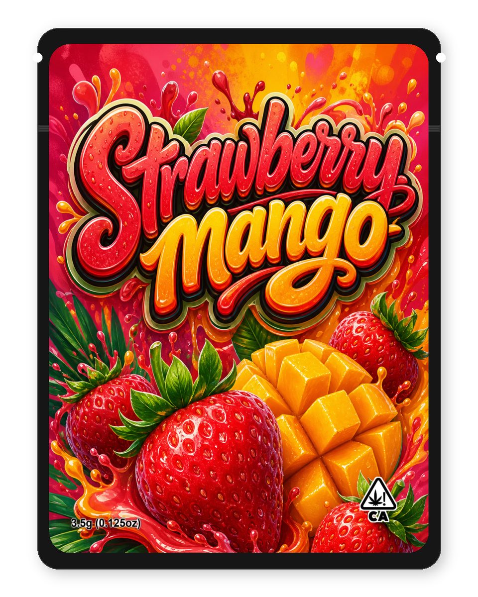 Strawberry mango custom 4"x5" mylar bag design (front)