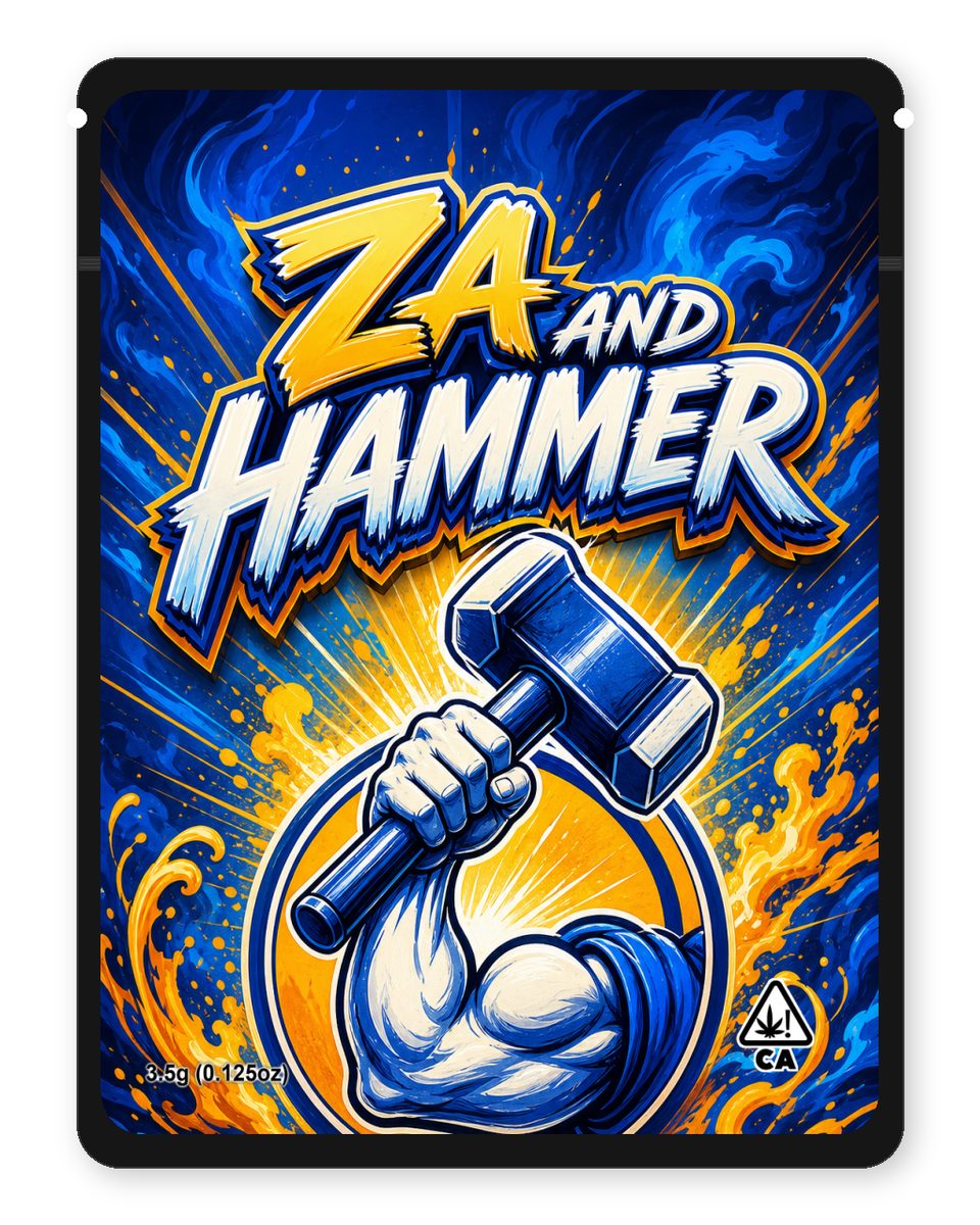 Za and hammer custom 4"x5" mylar bag design (front)