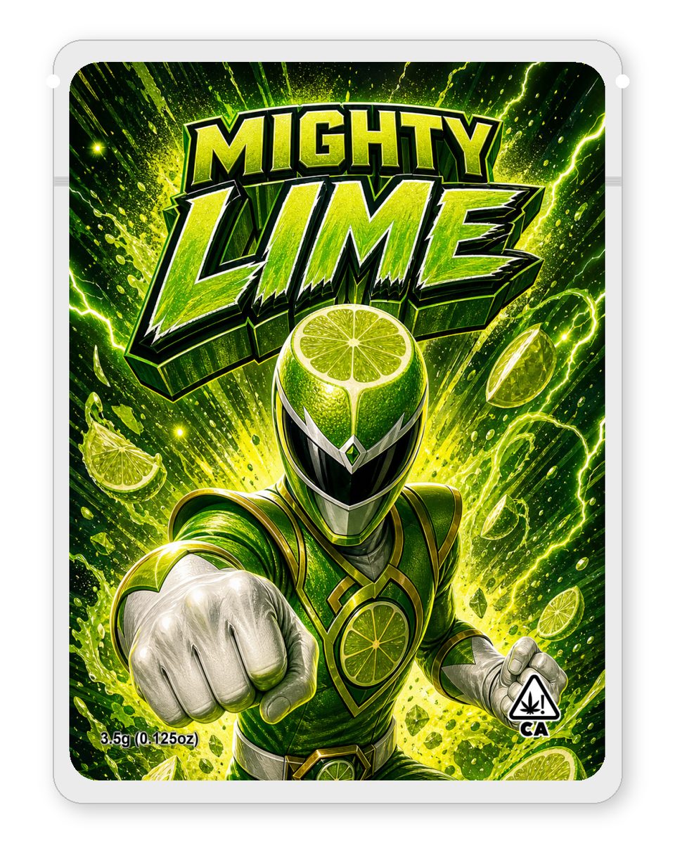 Mighty Lime custom 4"x5" mylar bag design (front)