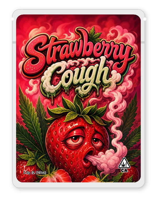 strawberry cough custom 4"x5" mylar bag design (front)