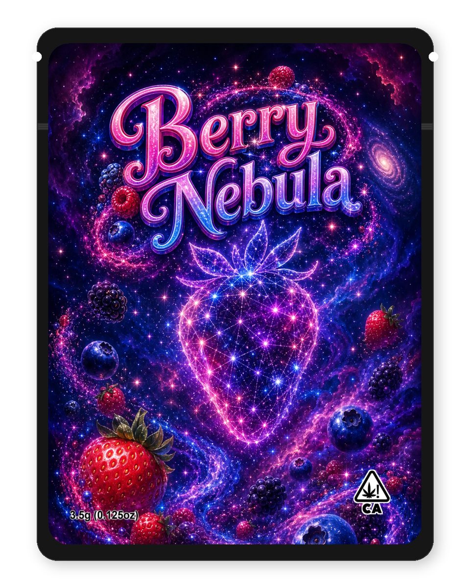 Berry Nebula custom 4"x5" mylar bag design (front)
