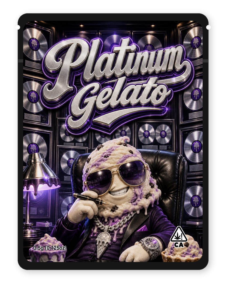 Platinum Gelato custom 4"x5" mylar bag design (front)