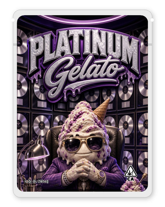 Platinum Gelato custom 4"x5" mylar bag design (front)