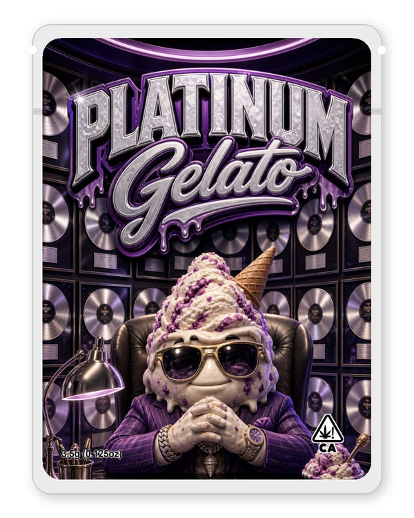 Platinum Gelato custom 4"x5" mylar bag design (front)