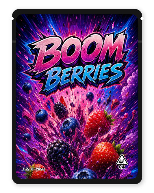 Boom Berries custom 4"x5" mylar bag design (front)