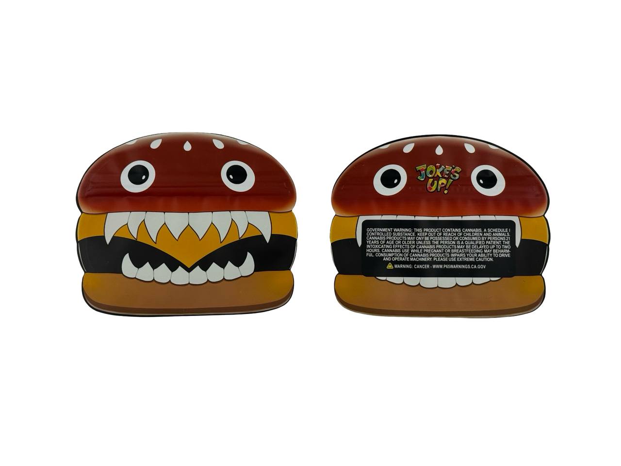 McRuntz 3.5g mylar bags die-cut cartoon hamburger with sharp fangs, front and back views — Joke's Up cannabis packaging