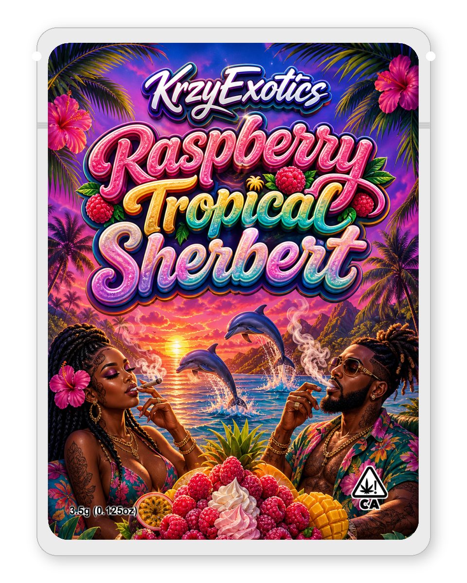 Raspberry Tropical Sherbert custom 4"x5" mylar bag design (front)