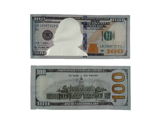Hundred Dollar Bill 3.5g mylar bags — front and back, US $100 Federal Reserve Note-style design with die-cut Benjamin Franklin portrait viewing window