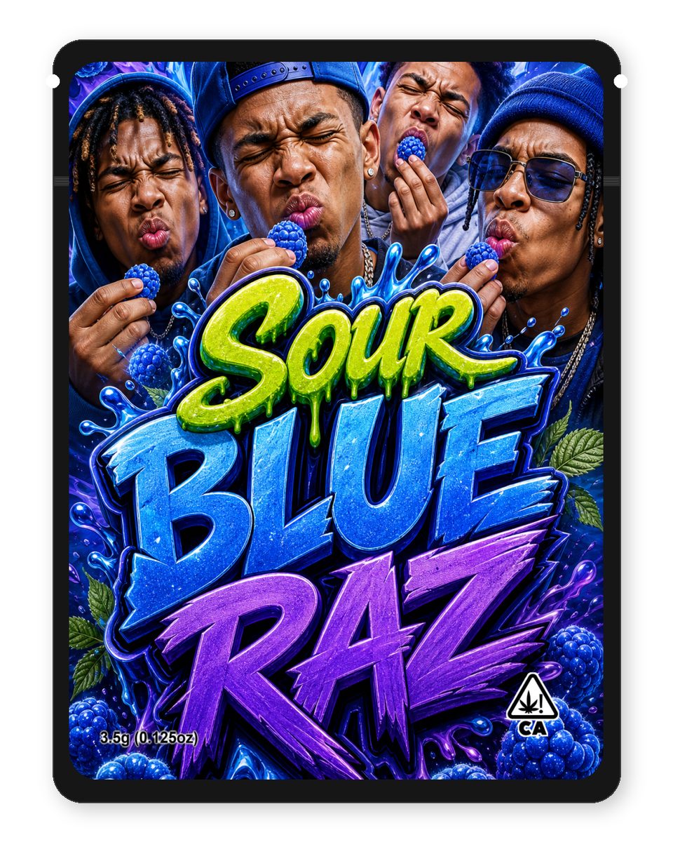 Sour Blue Raz custom 4"x5" mylar bag design (front)
