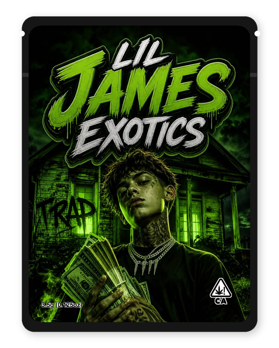 LIL JAMES EXOTICS custom 4"x5" mylar bag design (front)