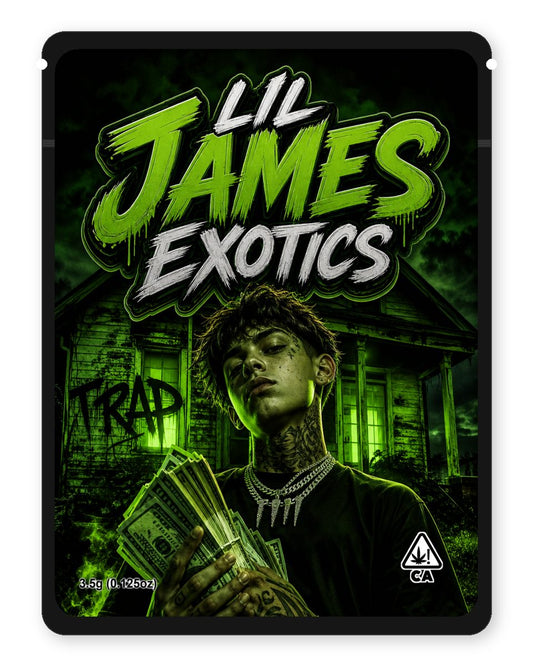 LIL JAMES EXOTICS custom 4"x5" mylar bag design (front)