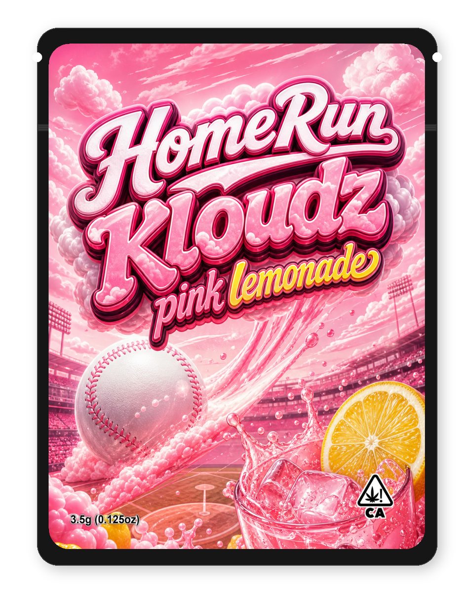 HomeRun Kloudz pink lemonade custom 4"x5" mylar bag design (front)