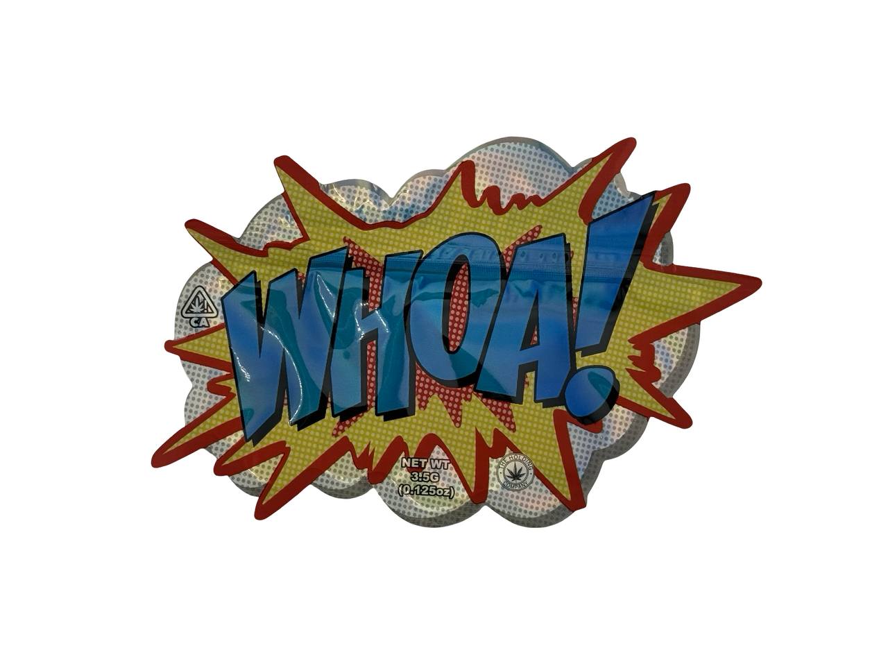 Whoa 3.5g mylar bag front design — blue WHOA! lettering on yellow-red halftone starburst with holographic cloud backdrop