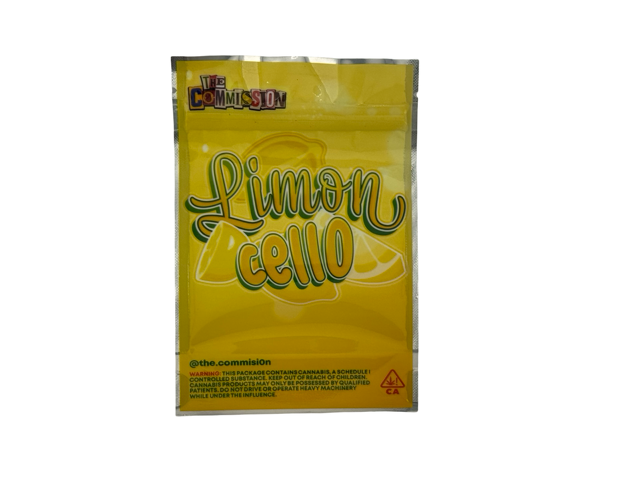 Limoncello retro 3.5g mylar bag front design — yellow background with lemon graphics and green-teal flowing script
