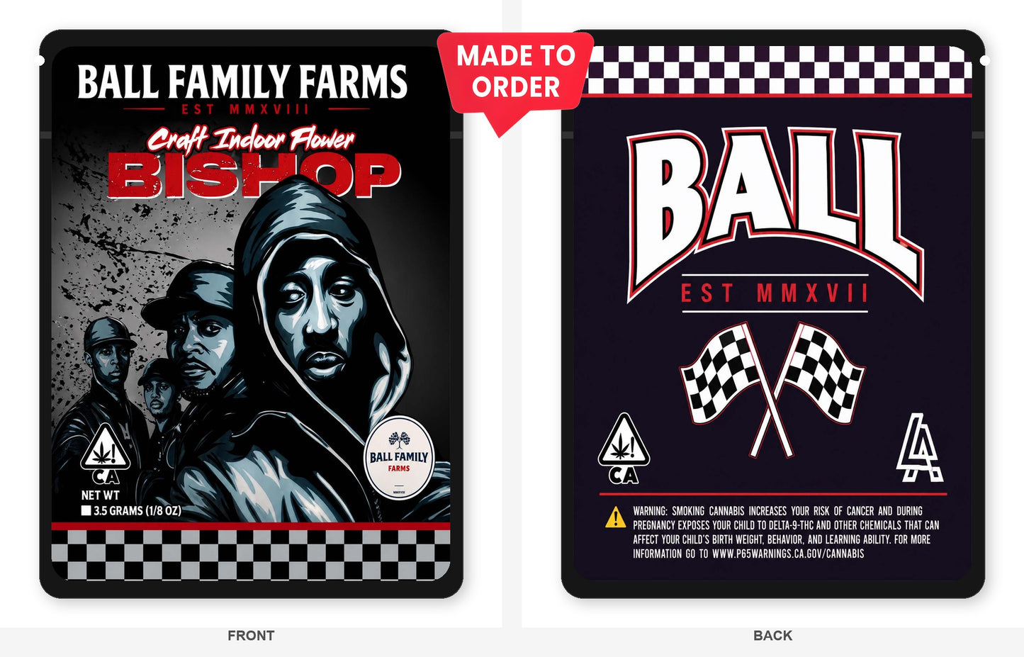 Bishop 3.5g Mylar Bags Ball Family Farms - Front and Back View on Black Bag