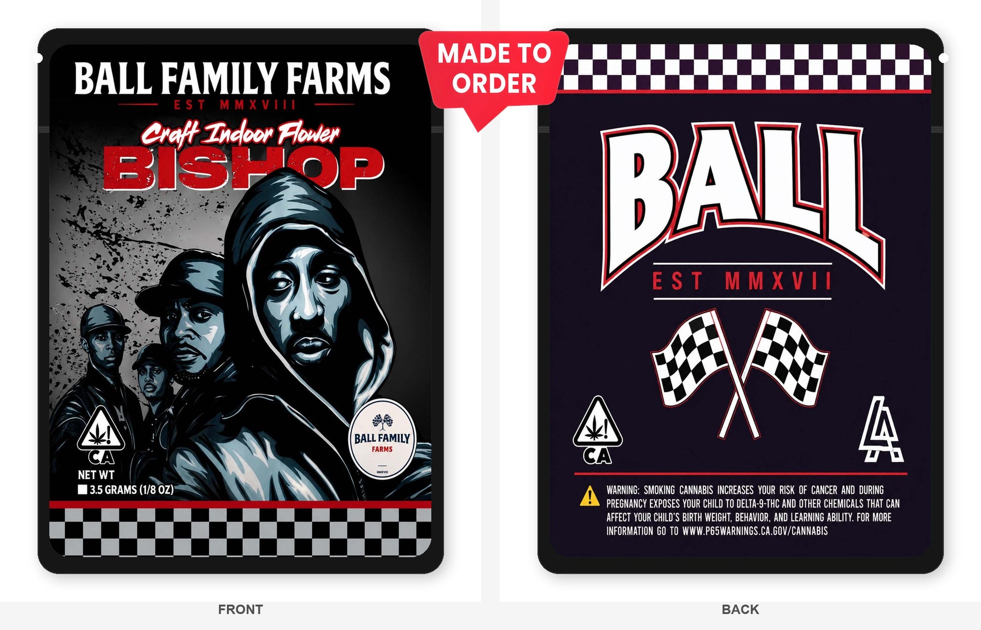 Bishop 3.5g Mylar Bags Ball Family Farms - Front and Back View on Black Bag