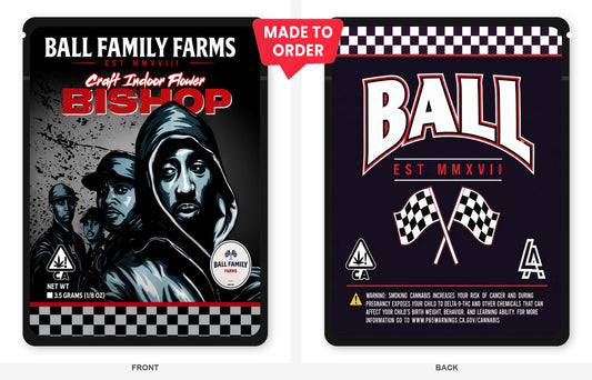 Bishop 3.5g Mylar Bags Ball Family Farms - Front and Back View on Black Bag