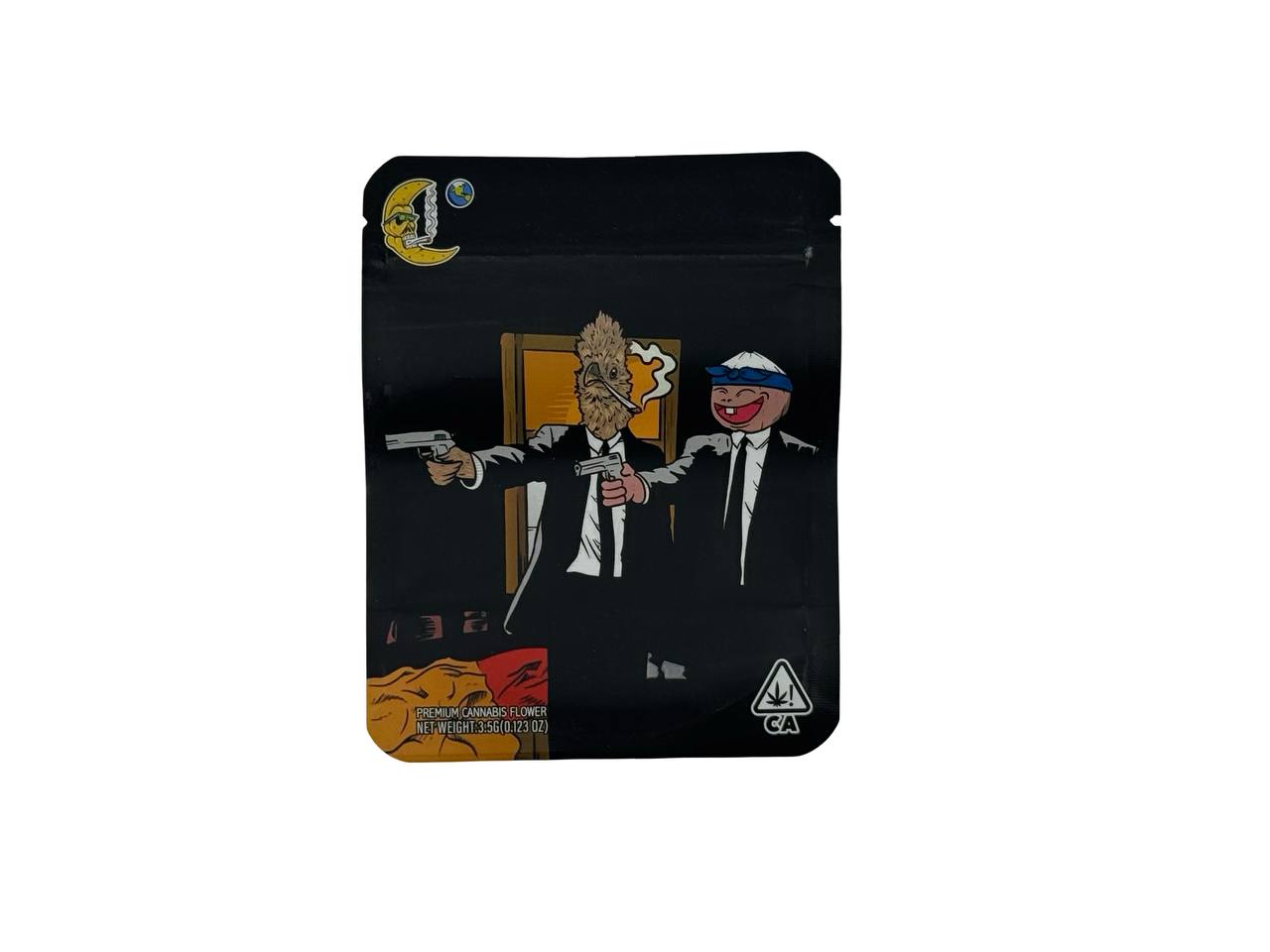 Haupia x Silky 3.5g mylar bag front — Pulp Fiction parody artwork with Silky crescent moon mark, CA compliance