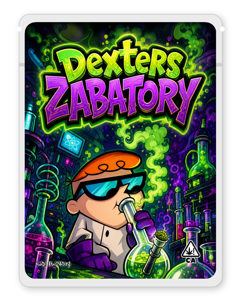 Dexters Zabatory custom 4"x5" mylar bag design (front)