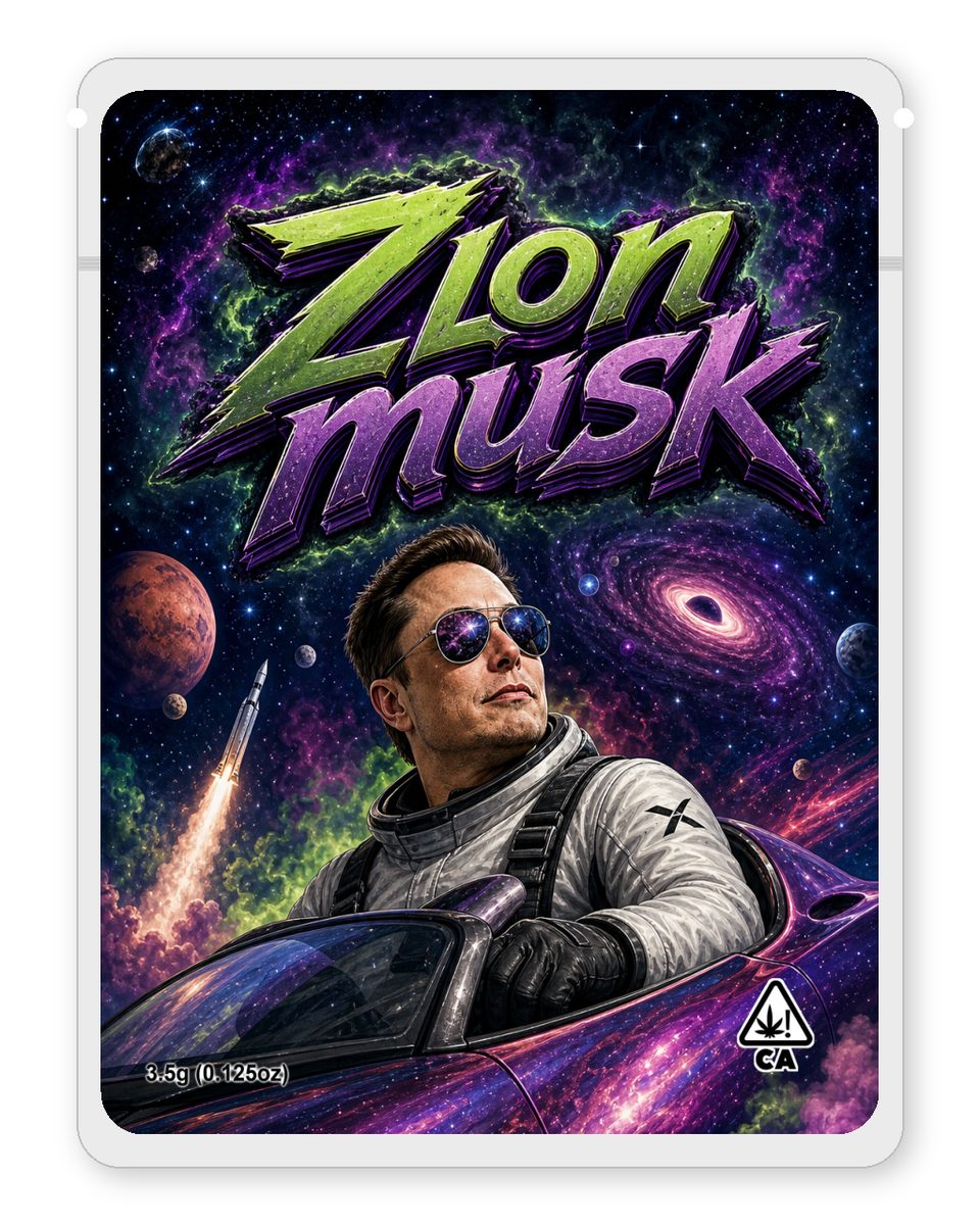Zlon musk custom 4"x5" mylar bag design (front)
