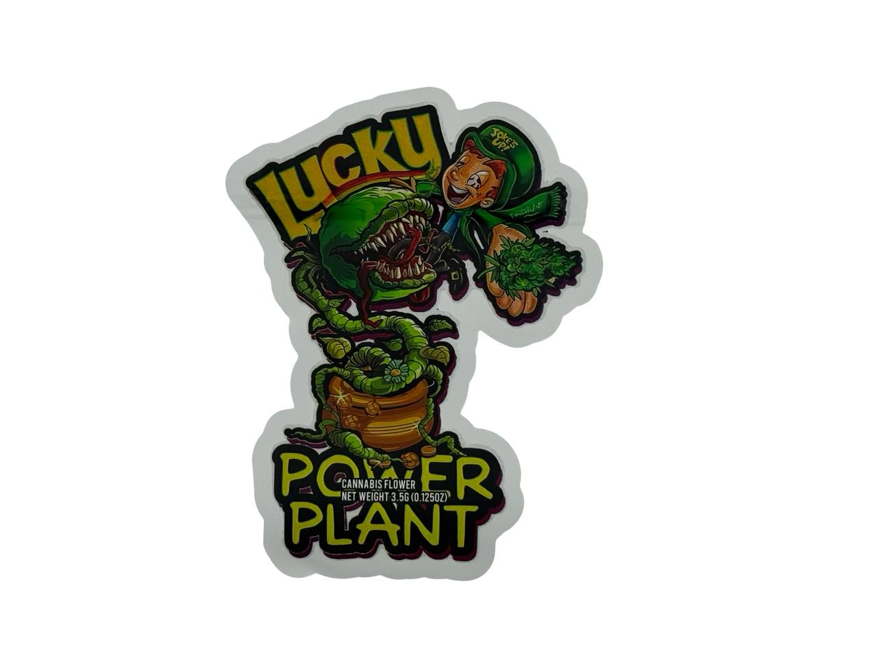 Lucky Power Plant 3.5g mylar bag front — die-cut leprechaun and Venus flytrap design from Joke's Up