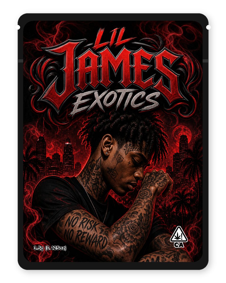 LIL JAMES EXOTICS custom 4"x5" mylar bag design (front)