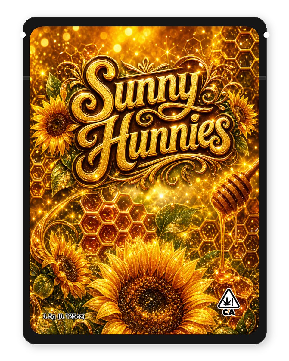 Sunny Hunnies custom 4"x5" mylar bag design (front)