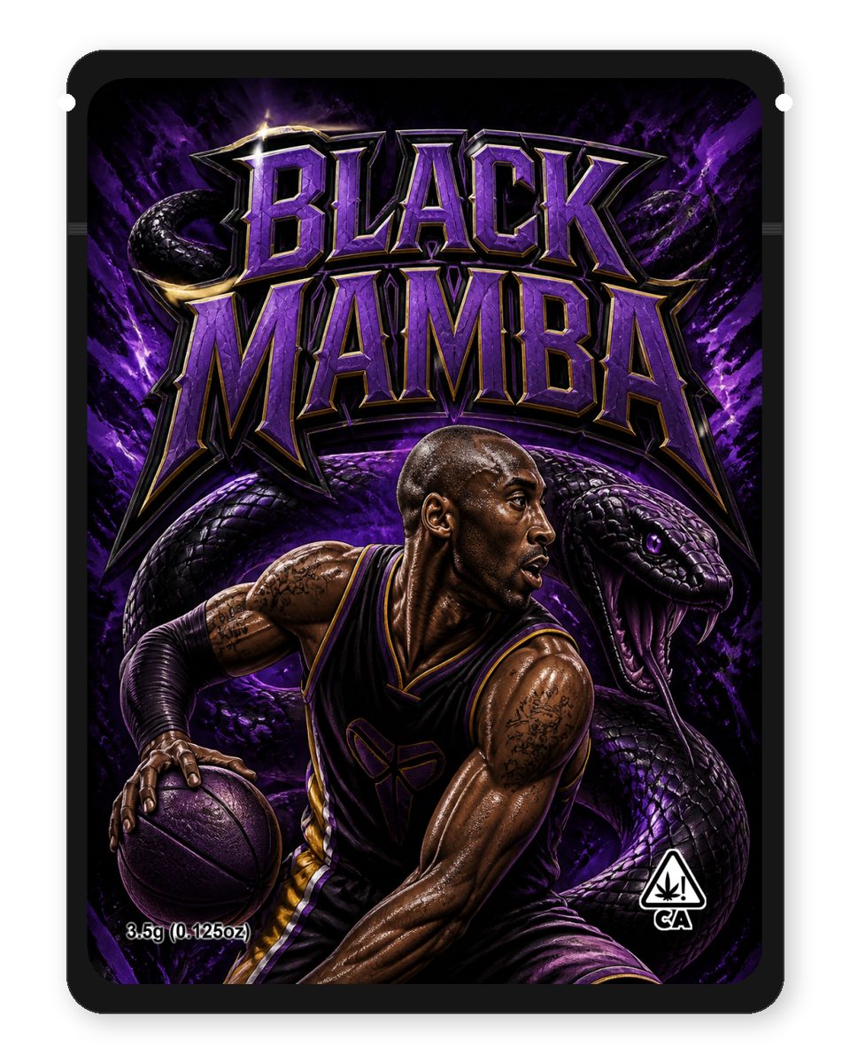 Black Mamba custom 4"x5" mylar bag design (front)