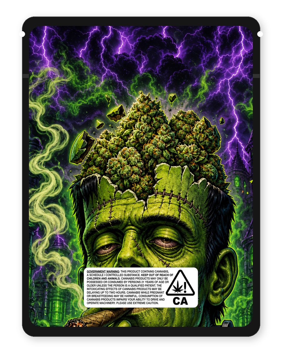 FRANKENSTONED custom 4"x5" mylar bag design (back)