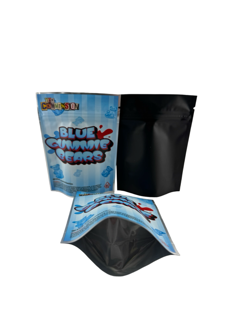 Blue Gummie Bears retro 3.5g mylar bag by The Commission — front and back lineup with candy-stripe blue gummy bear design