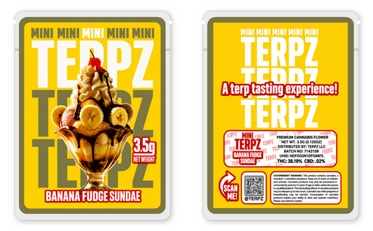 Banana Fudge Sundae 3.5g mylar bags front and back views — Terpz child-proof sticker mylar bags