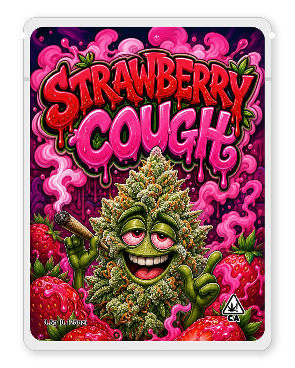 Strawberry Cough custom 4"x5" mylar bag design (front)
