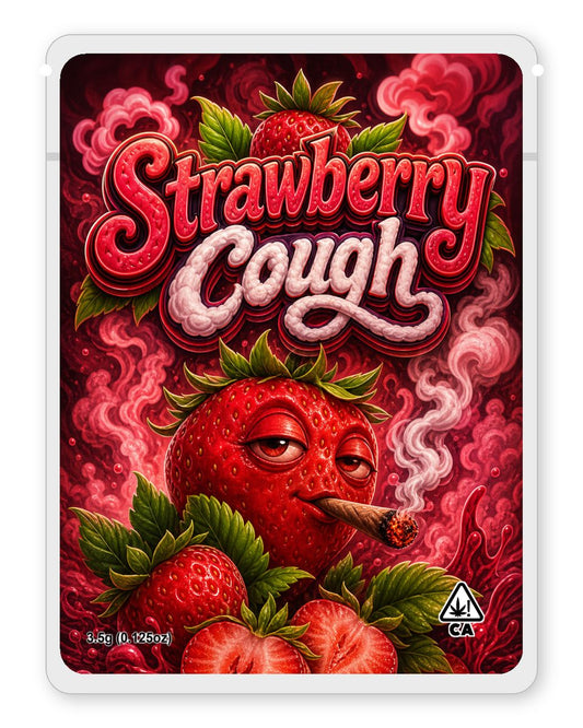Strawberry Cough custom 4"x5" mylar bag design (front)