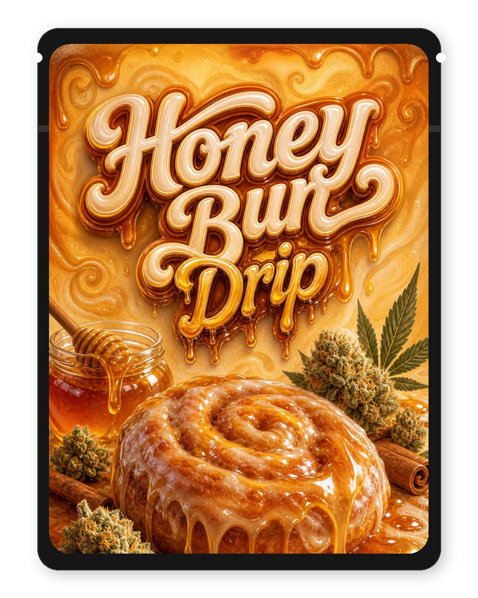 Honey Bun Drip custom 4"x5" mylar bag design (front)