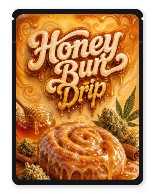 Honey Bun Drip custom 4"x5" mylar bag design (front)