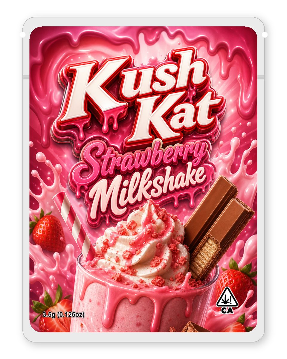 Kush Kat Strawberry Milkshake custom 4"x5" mylar bag design (front)