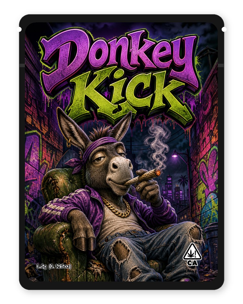 Donkey Kick custom 4"x5" mylar bag design (front)