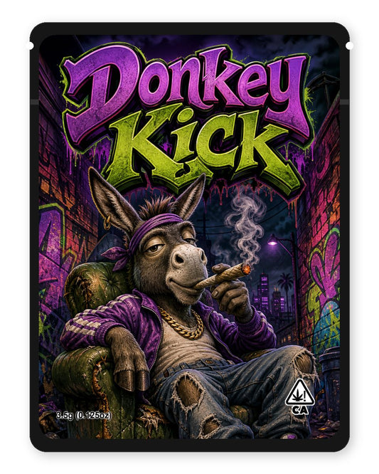Donkey Kick custom 4"x5" mylar bag design (front)