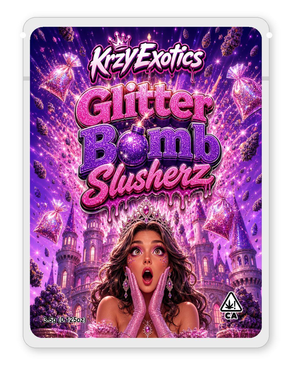 Glitter Bomb Slusherz custom 4"x5" mylar bag design (front)